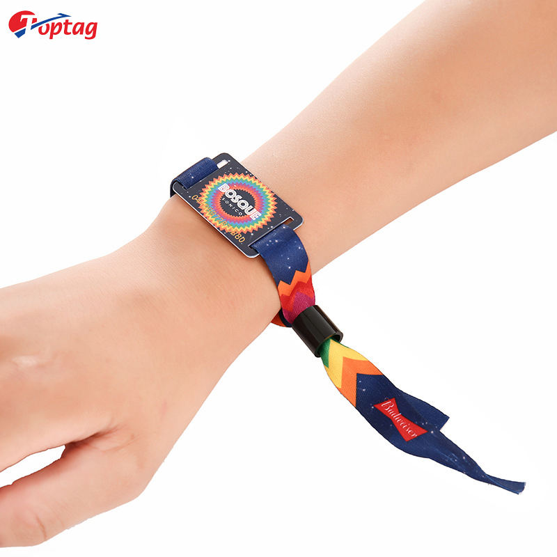 Toptag custom logo 13.56mhz woven nylon wristband bracelet